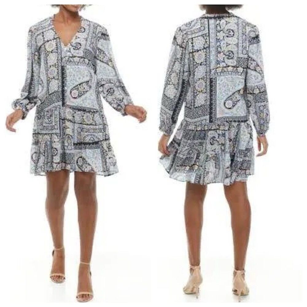 Emma & Michele V-Neck Shift Babydoll Dress Womens Sz XL Scarf Print Long Sleeve
